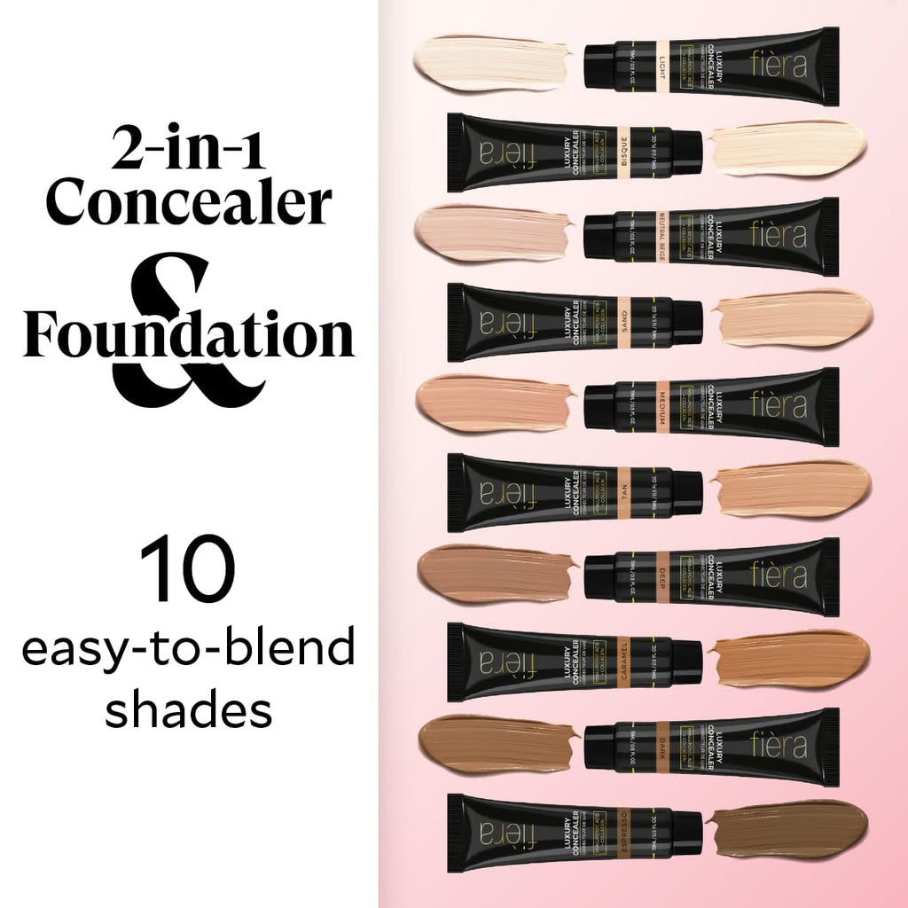 Fièra Luxury Concealer & Foundation with Anti-Aging Ingredients - Full Coverage for Dark Circles, Wrinkles, Fine Lines, and Spots, All-Day Wear For Mature Skin - Neutral Beige, 0.5 FL. OZ. / 15 ML